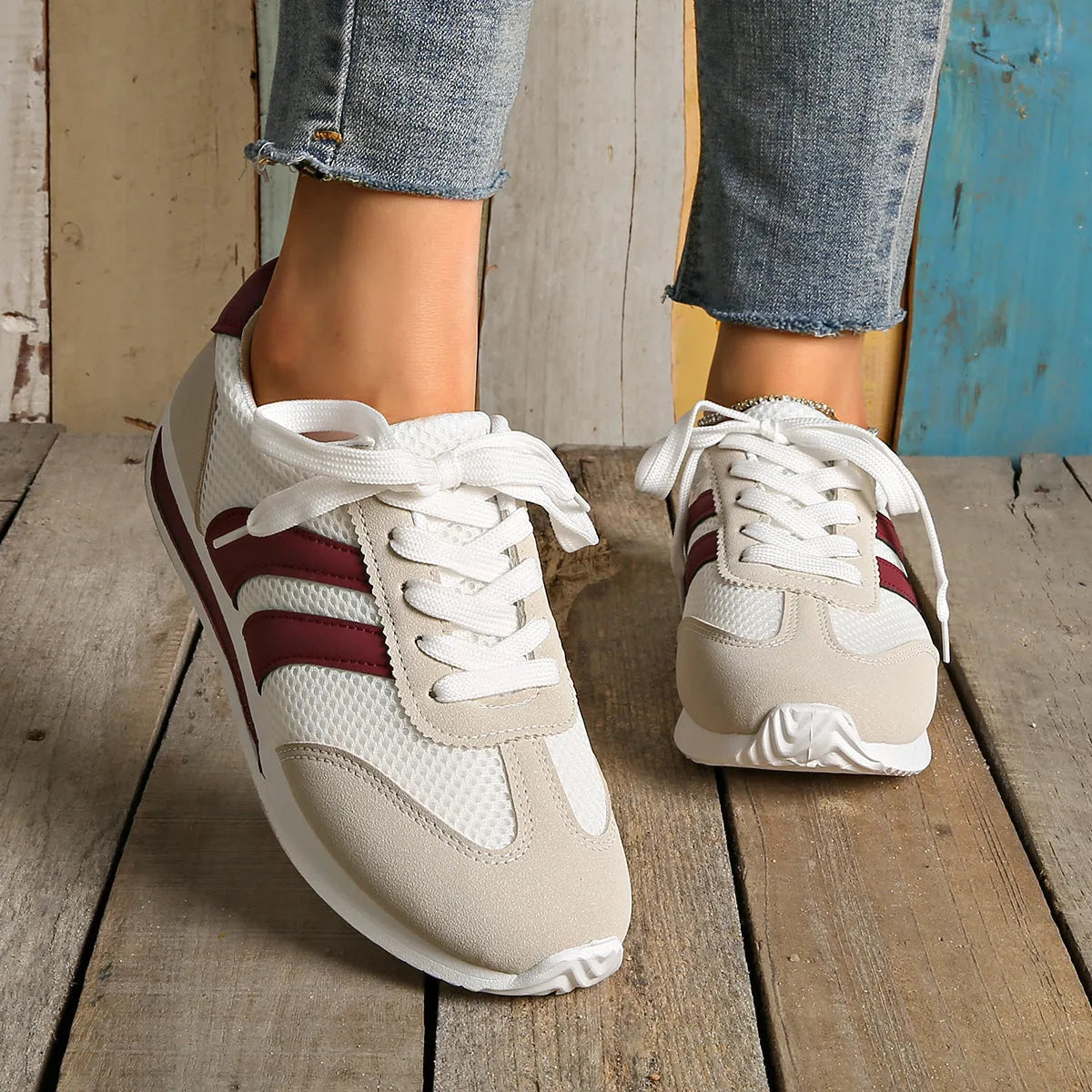Wine red Cortez Retro style sneakers with breathable mesh and cross-strap design