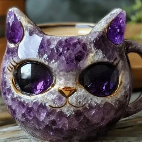 Purple geode resin mug with crystal-like interior and cat-shaped exterior on a wooden surface.