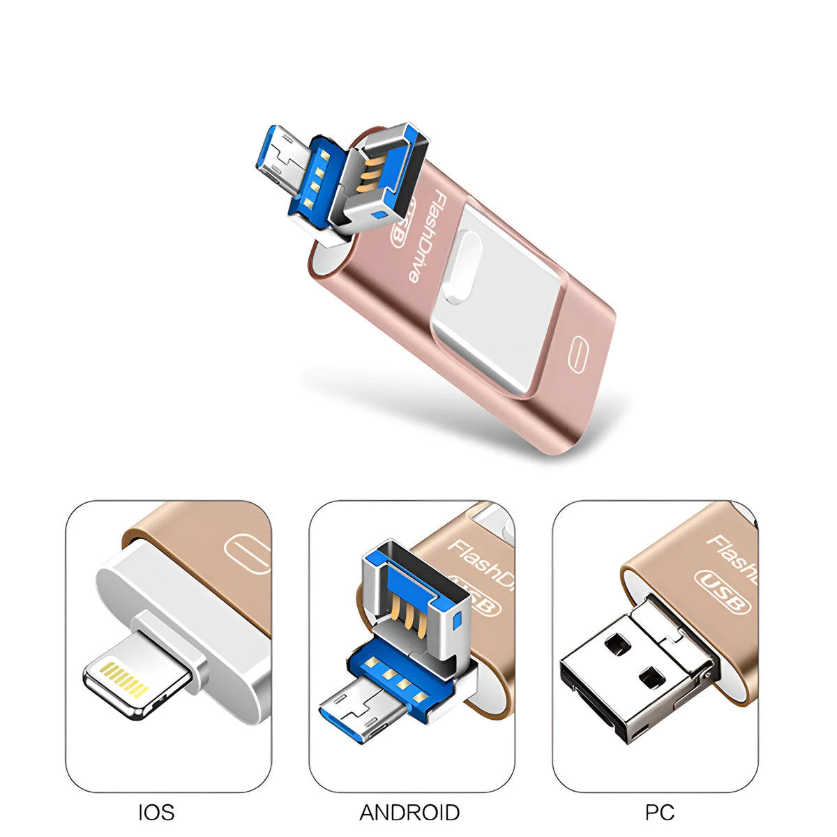 Universal three-in-one metal USB drive for mobile phone and computer in silver with capacity options from 8GB to 256GB