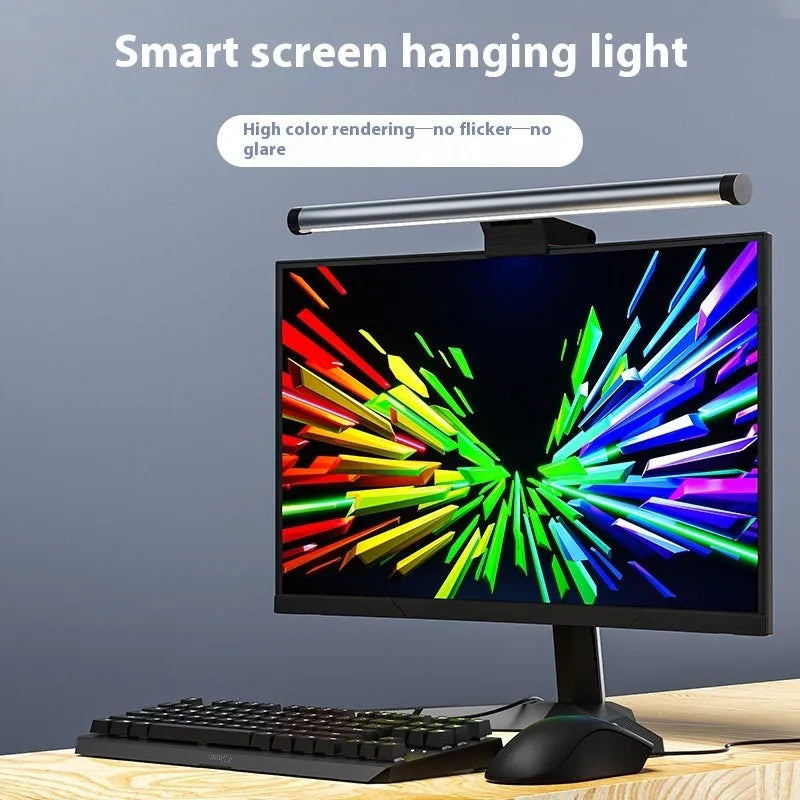 Asymmetric anti blue light screen hanging light clipped on a computer monitor with wireless control