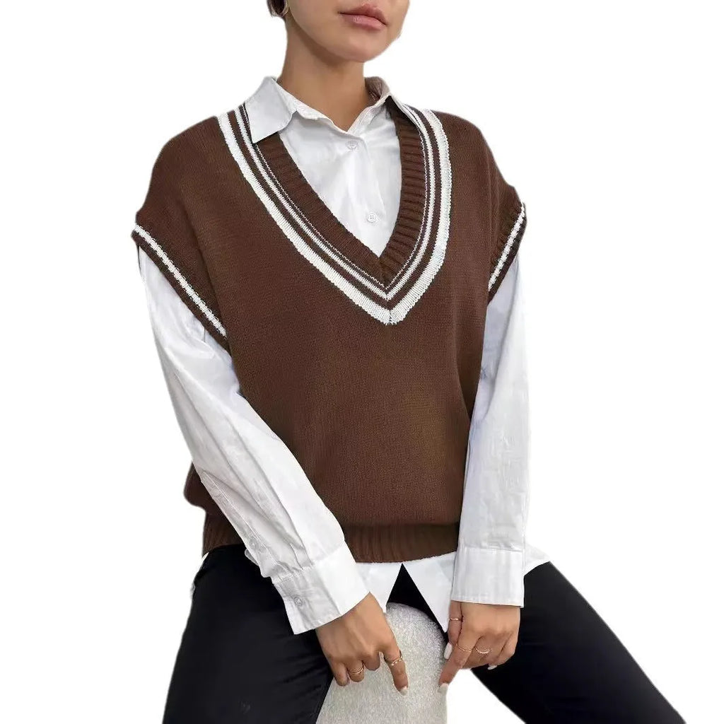 Women's college style wool vest sweater in loose fit pullover design showing black, blue and coffee colour options