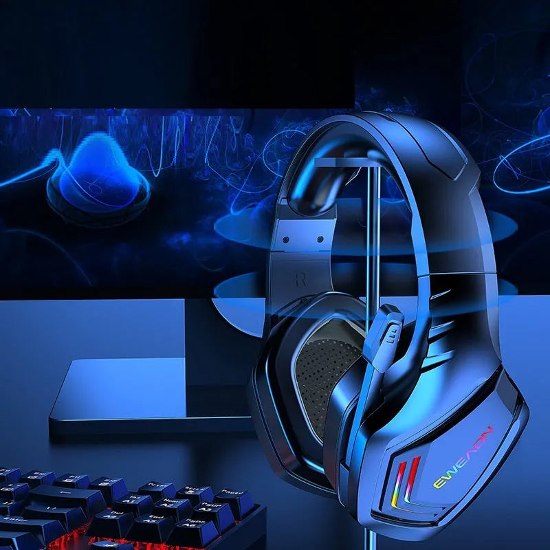 Black RGB wireless Bluetooth headset with noise reduction on a head model.