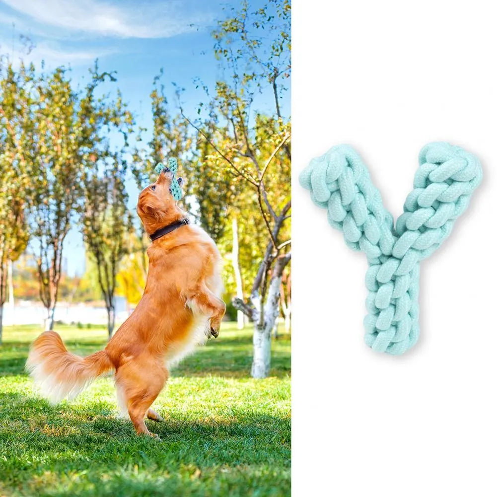 Blue Y-shaped cotton rope dog chew toy for large dogs shown with measurement scale