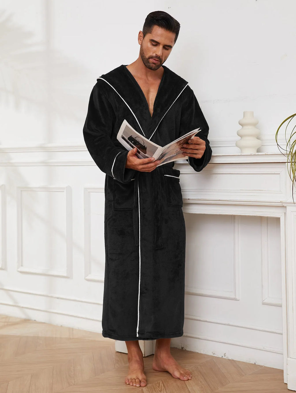 Men's grey flannel bathrobe set on hanger showing European/American style cut