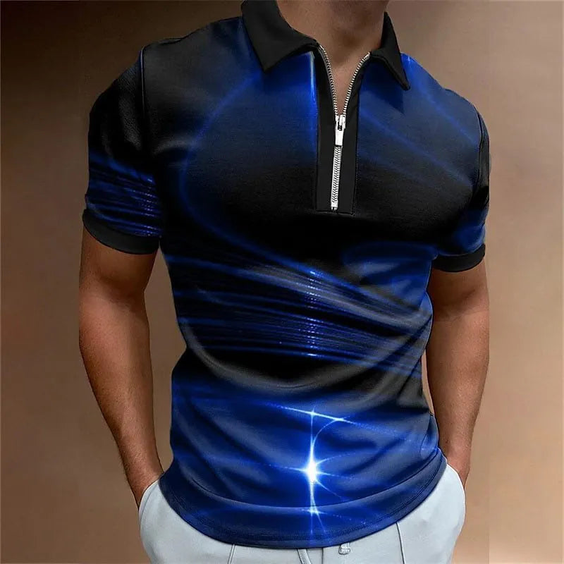 Men's blue lapel collar zipper polo shirt with short sleeves and printed design in bird eye polyester fabric