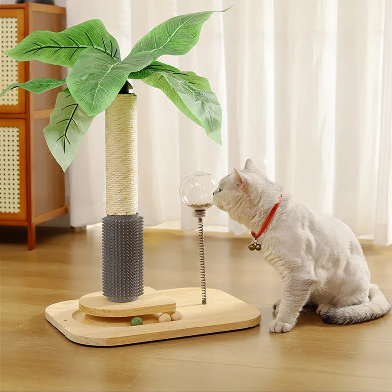 Tall wooden cat scratching post in Canna colour with a grab column and food drop ball attachment.