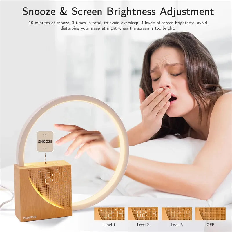 Touch control desk lamp with digital alarm clock display and natural sounds player in wooden finish