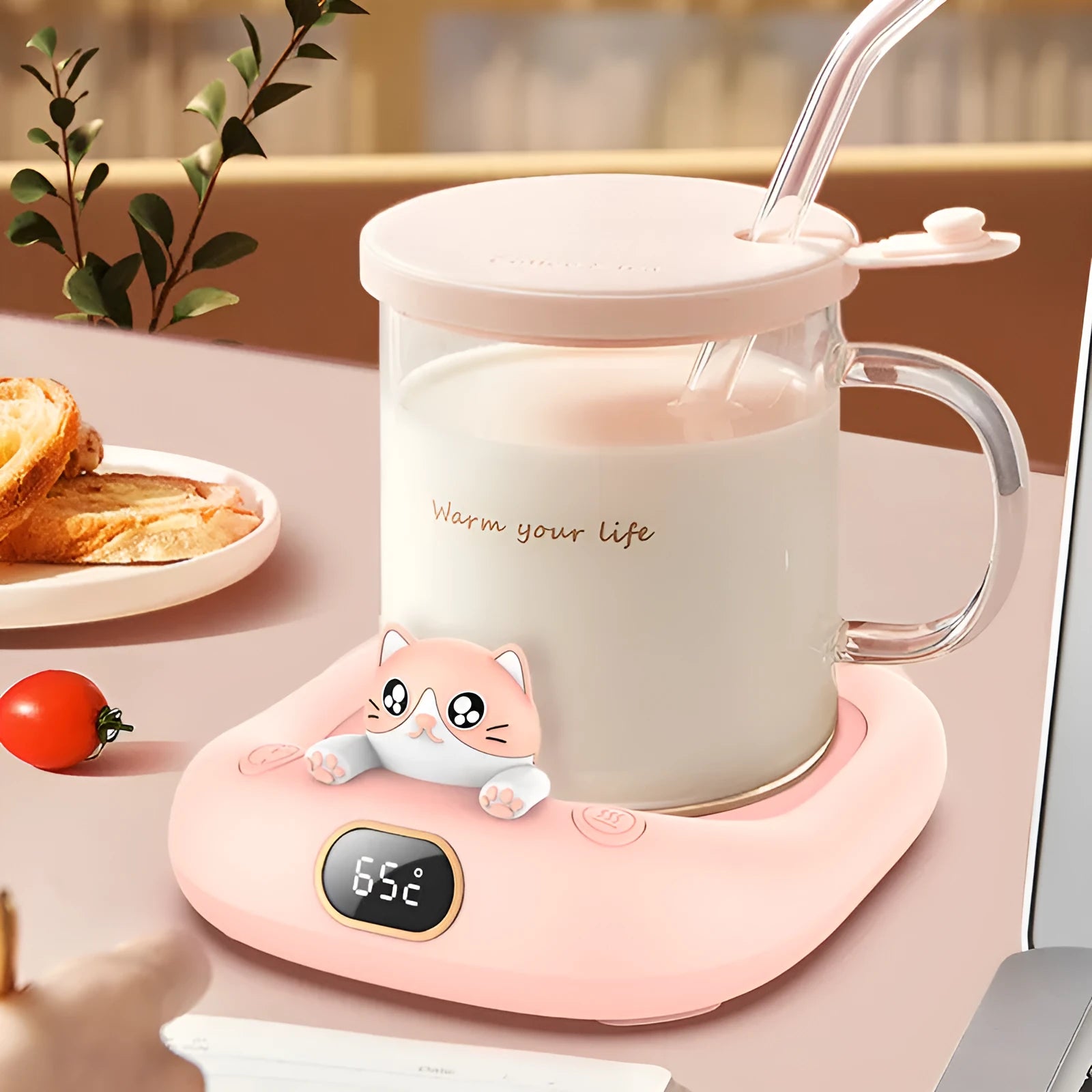 Home office pet constant temperature cup warmer coaster in pink with 136x116x55mm ABS metal build