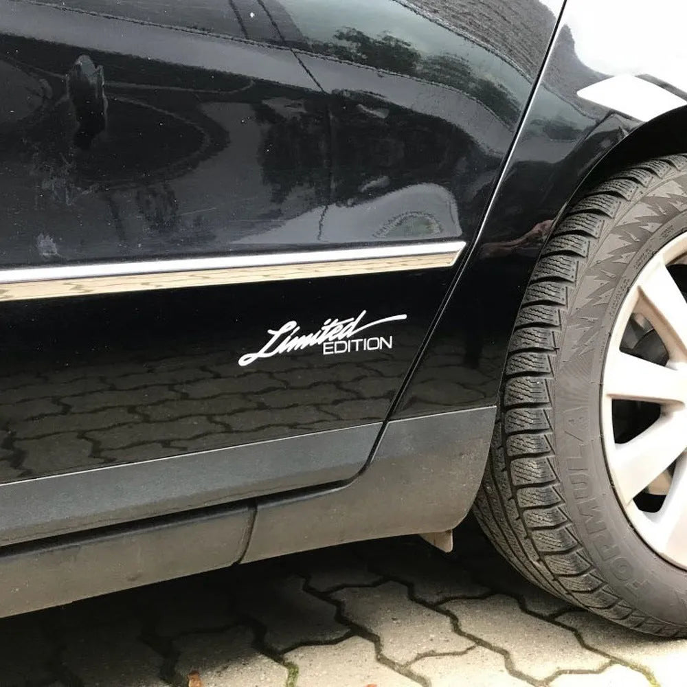 Reflective plastic bumper sticker for cars, showing black, white, and colourful design options.