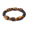 Manual square stone bracelet with colourful 8mm amethyst and volcanic stone beads on wrist.