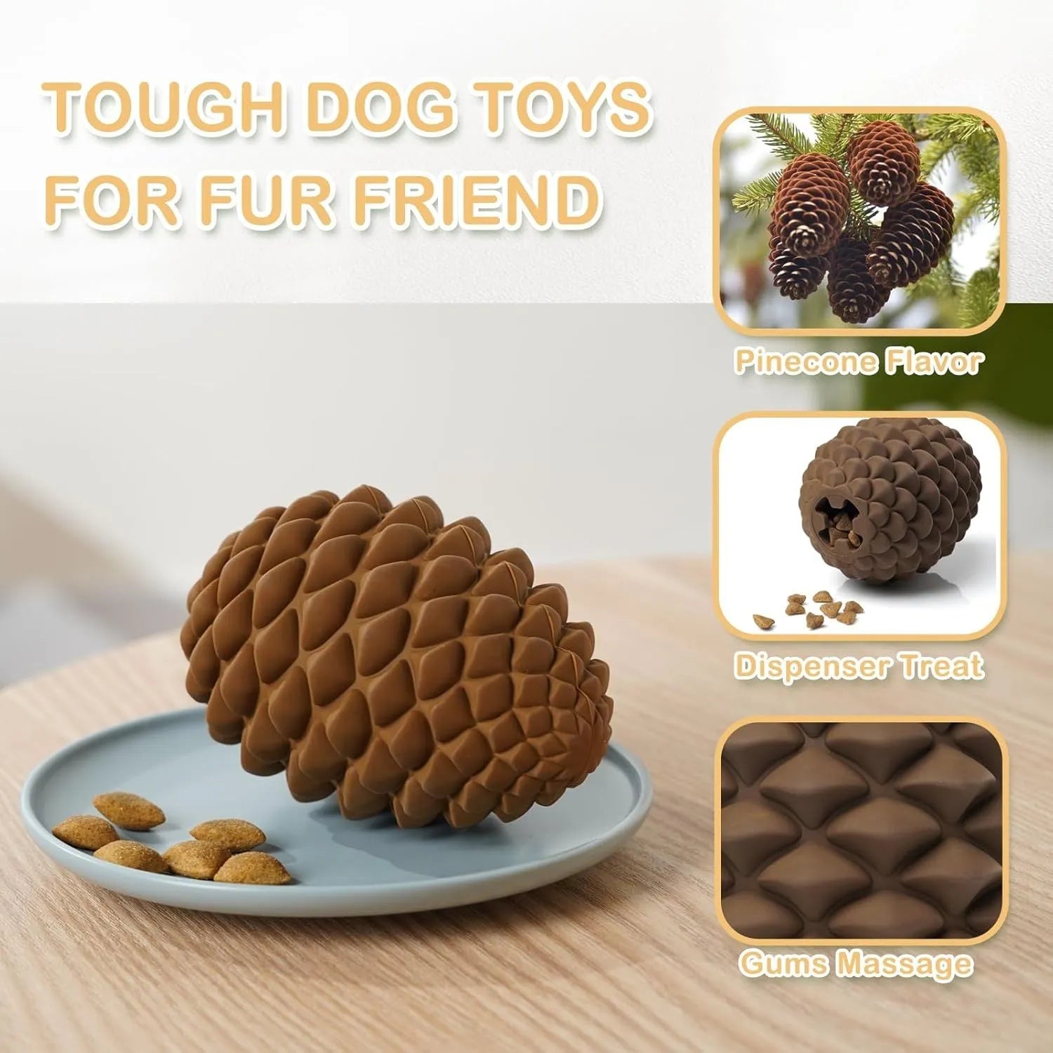 Yellow pine cone-shaped natural rubber dog toy with textured surface and treat dispenser hole.