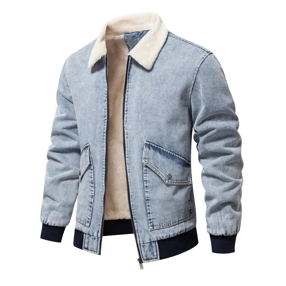 Men's plush denim jacket in dark blue with long sleeves and bag seam pockets