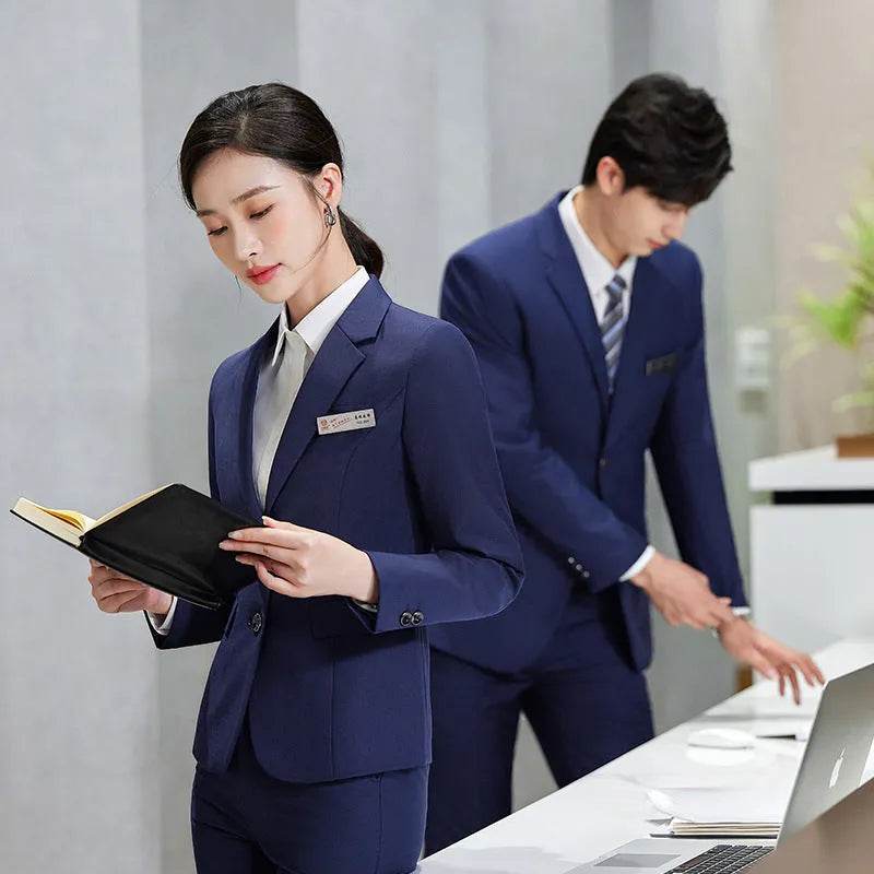 Men's and women's work suit with long sleeve polyester jacket and matching trousers or skirt in black