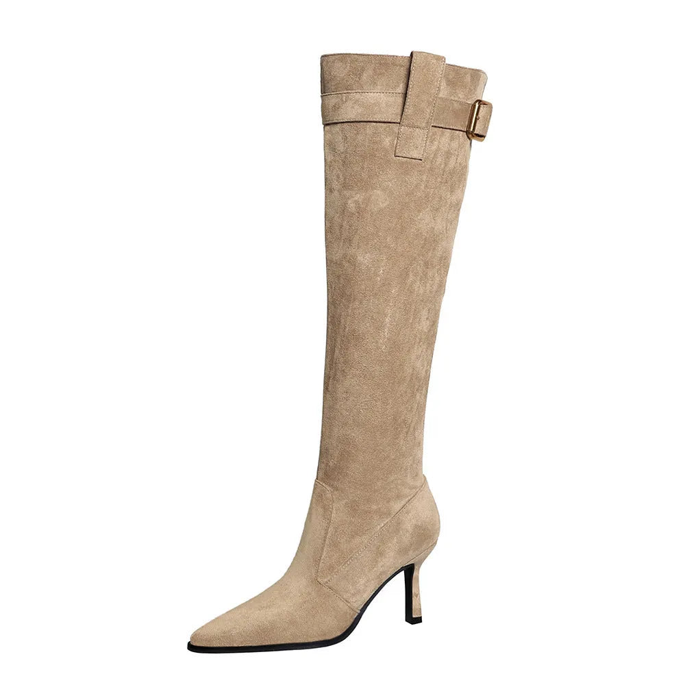 Women's pointed toe stiletto heel long boots in apricot or black with cotton lining and metal buckle detail