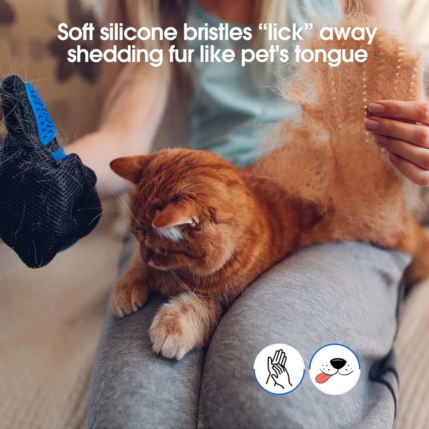 Blue pet grooming gloves with silicone grooming tips for dogs cats and horses
