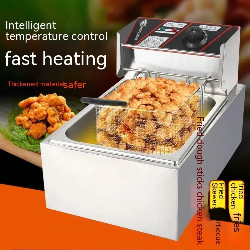 Commercial stainless steel deep frying pan with temperature control and two frying baskets