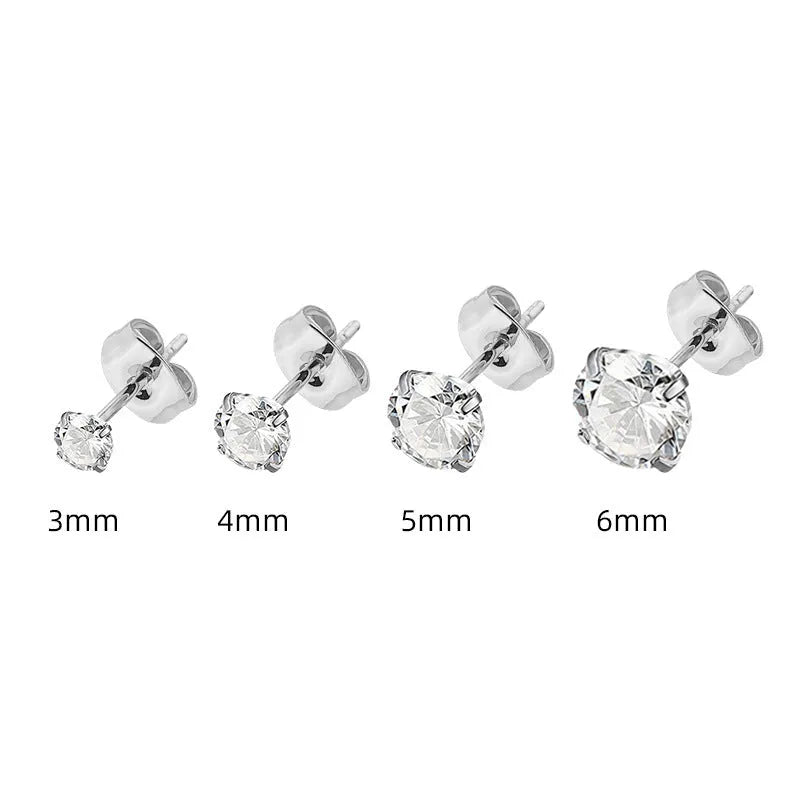 Simple geometric zircon stud earrings in stainless steel with gold or steel colour finish, showing size range from 2mm to 8mm.