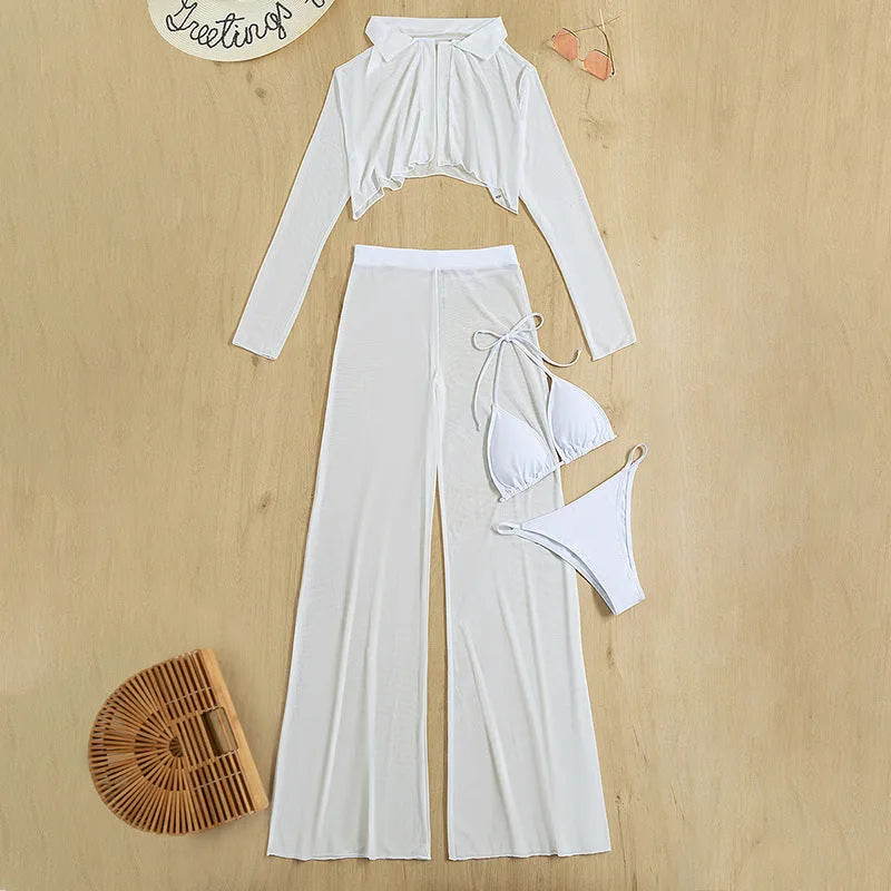 White women's four-piece swimsuit set showing top, high-waist trousers, bra and panties