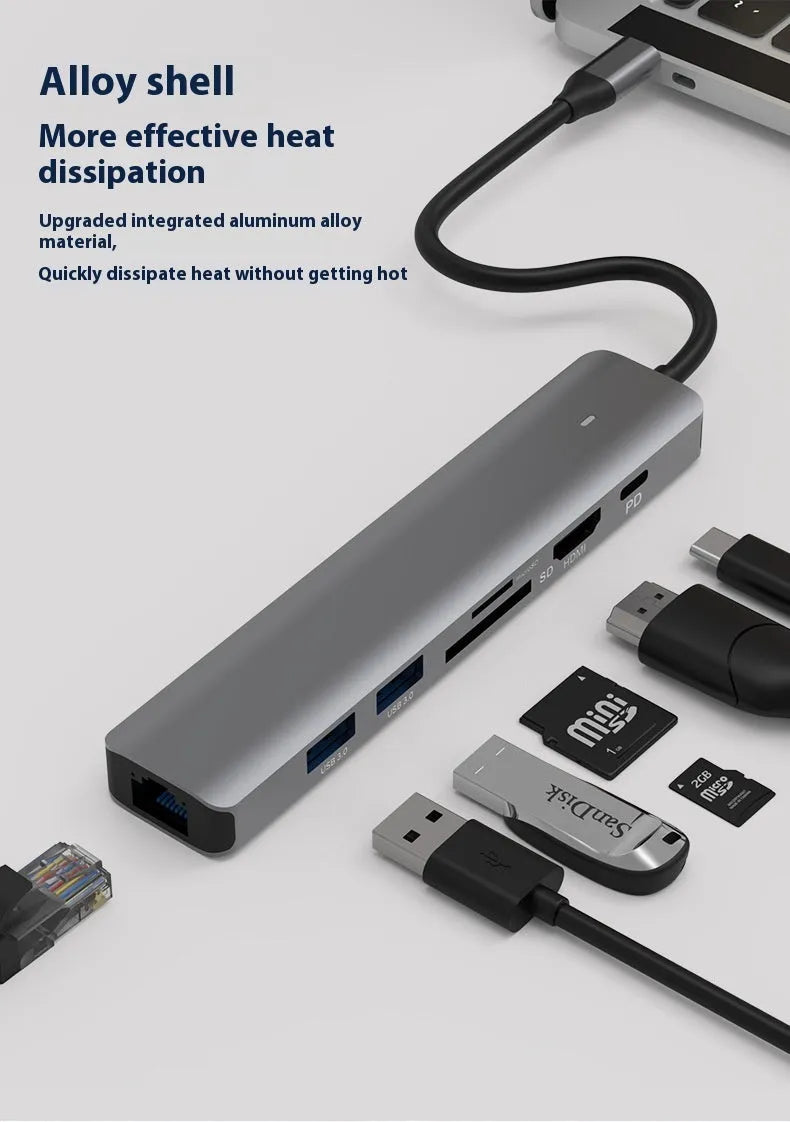 LQT-LH07 7-in-1 USB-C PD computer hub and card reader on a desk.