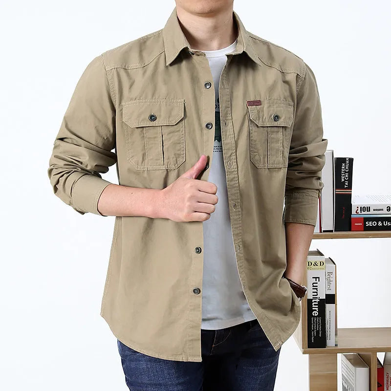 Cotton military style long sleeve loose fit shirt in army green for men spring casual