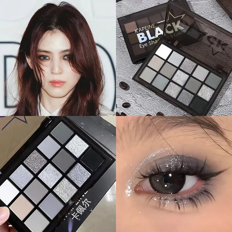 15-colour eyeshadow palette showing matte and shimmer pans including grey-black smokey shades