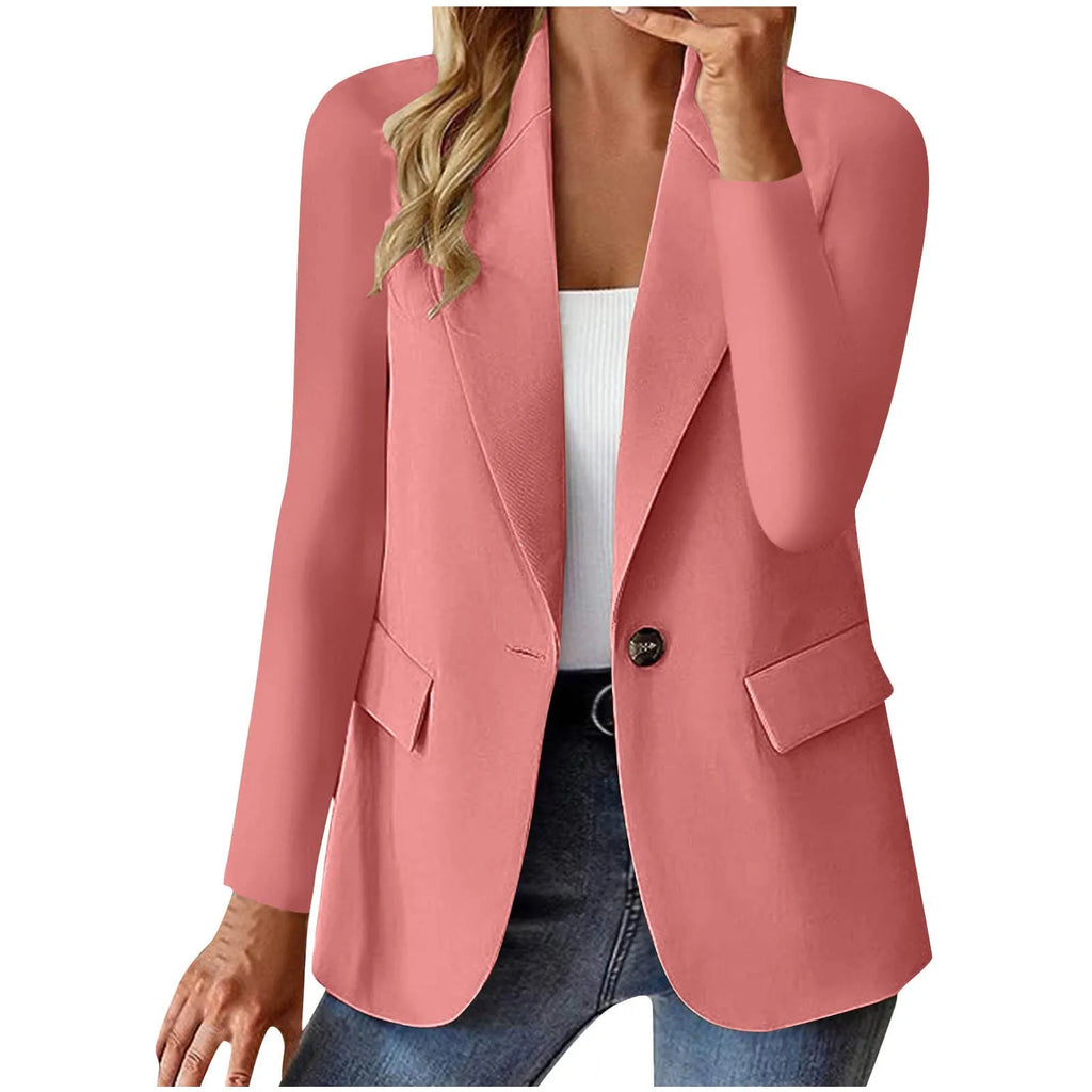 Women's long sleeve solid colour cardigan small suit jacket slim fit with pockets in black polyester fabric.