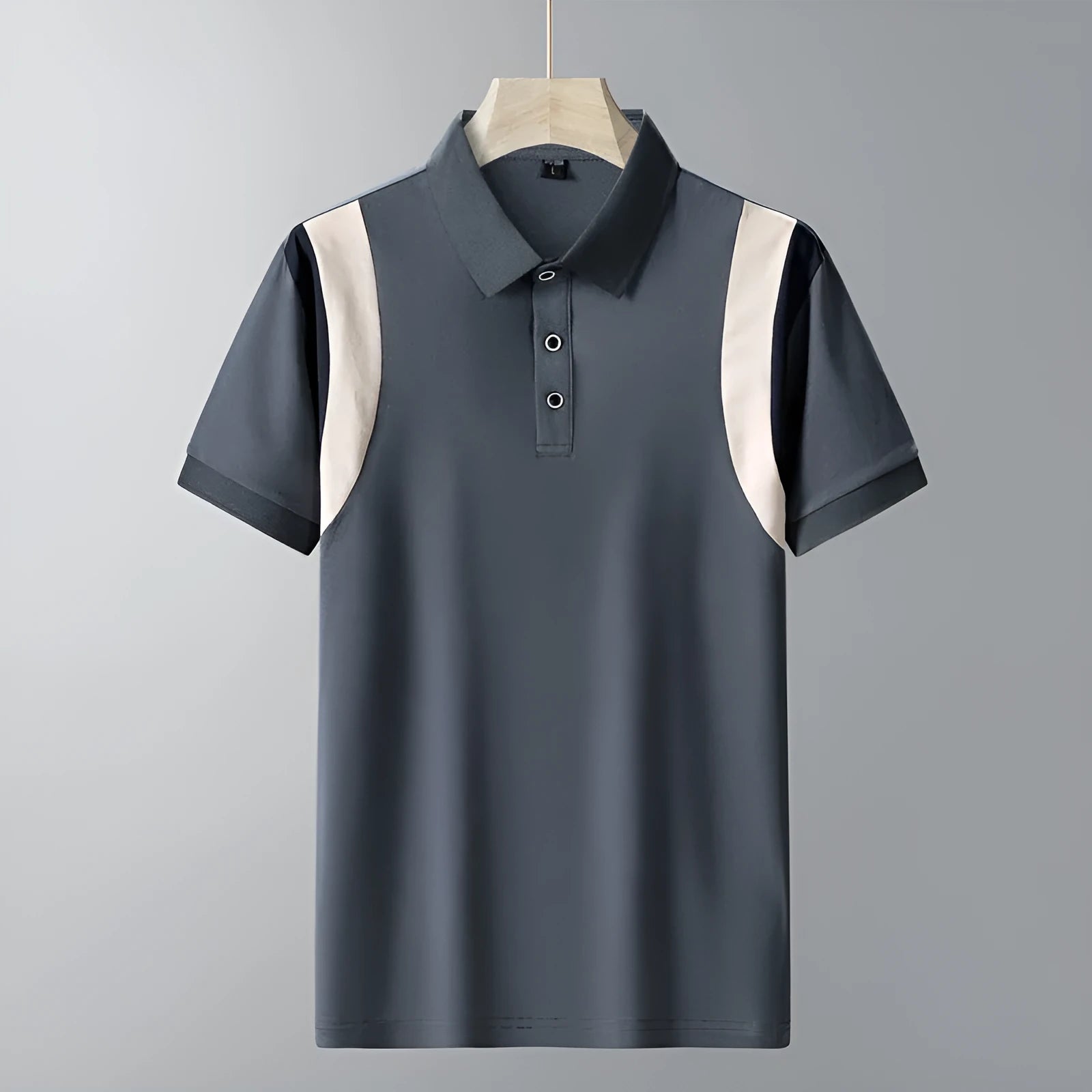 Man wearing a grey lapel-collar short-sleeve cotton T-shirt with a striped pattern.