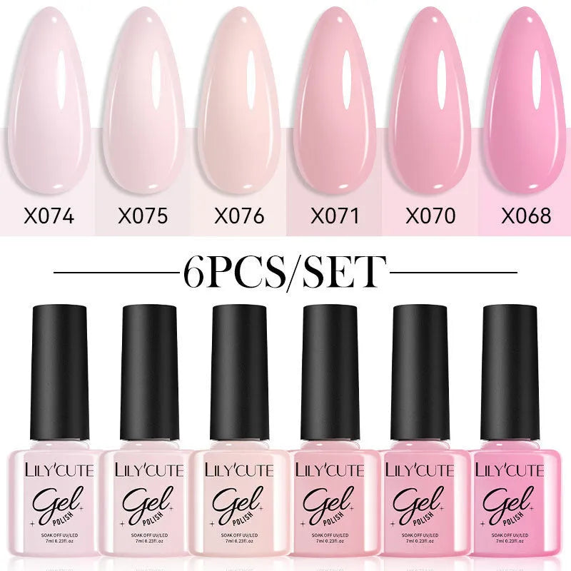 Set of twenty bottles of UV gel nail polish in solid and glitter colours for nail art.