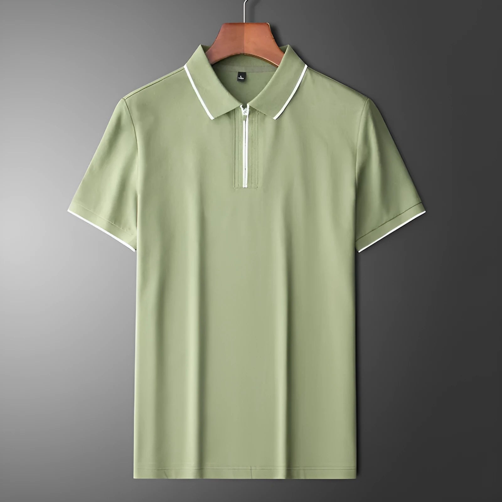 Men's slim fit lapel short sleeve shirt in cotton blend fabric on a hanger