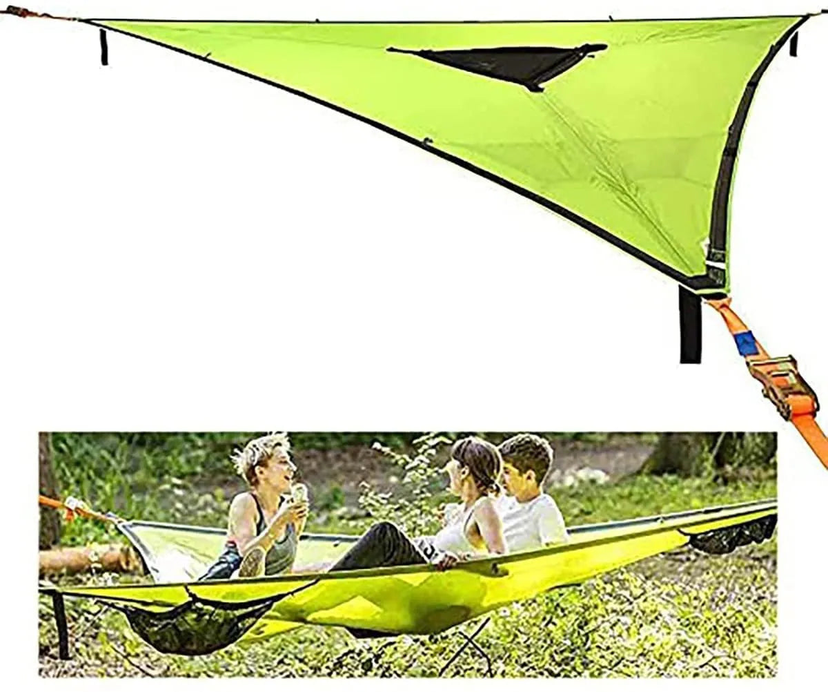 Aerial multi-person triangle hammock in green nylon 210T with 300KG capacity for outdoor camping
