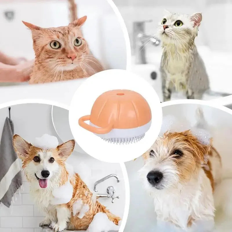 Orange TPR dog bath brush with shampoo dispenser, massage bristles and comb teeth.