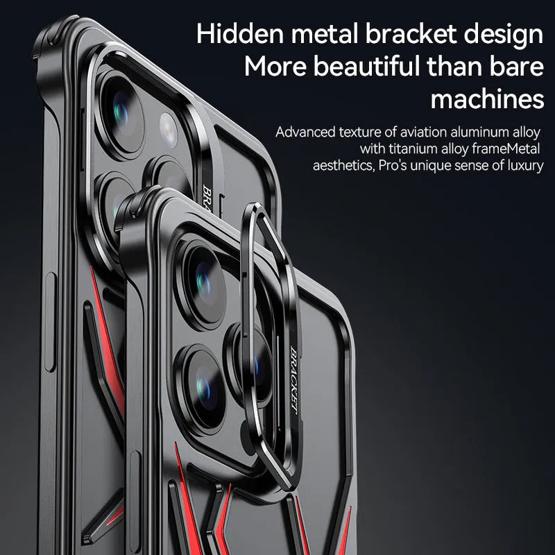 Frameless airbag drop-resistant metal phone case for iPhone, black, half pack style with hollow design.