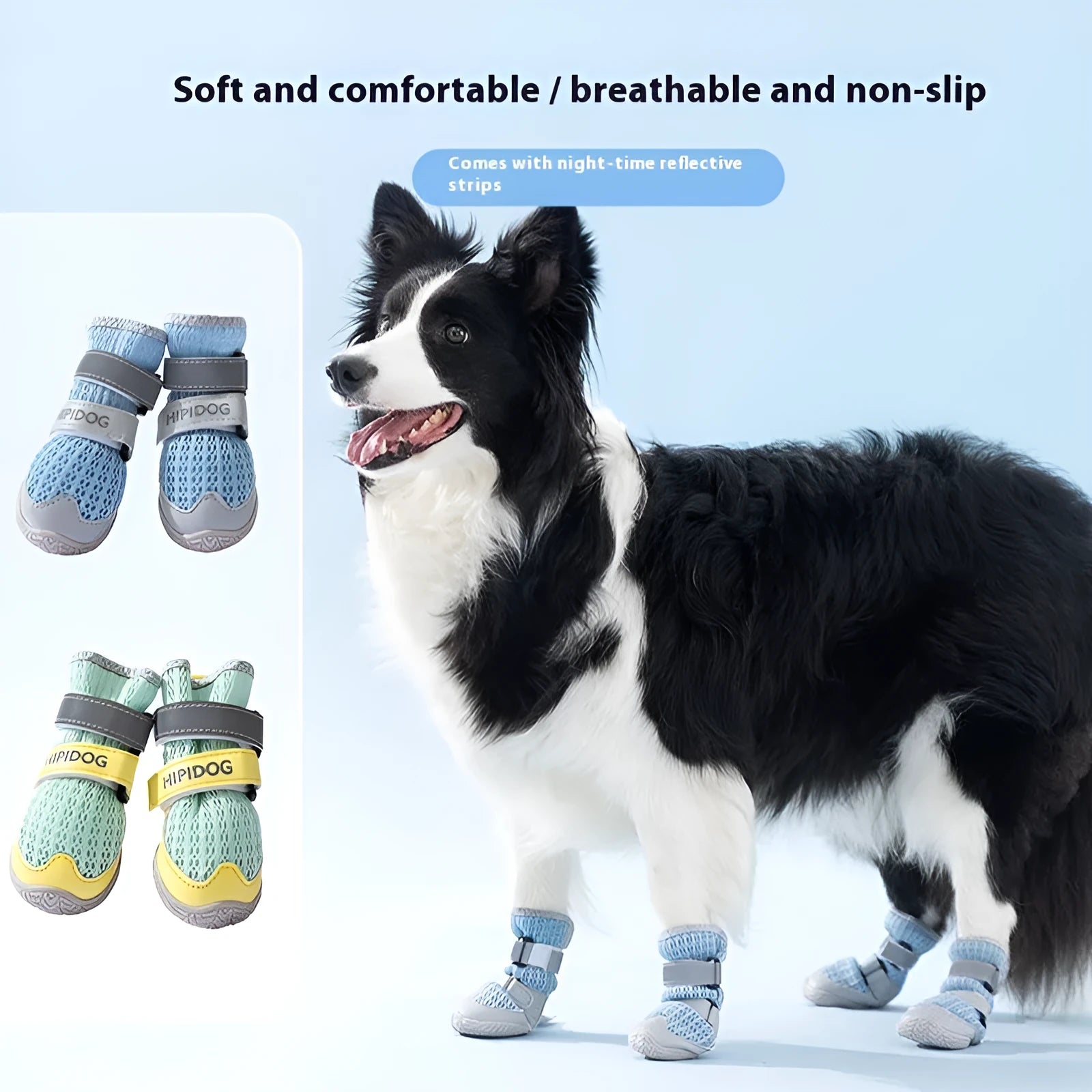 Cartoon style blue and green PU dog shoes for summer, showing wear-resistant soles.