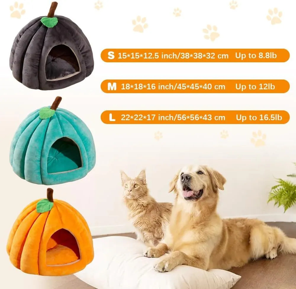 Pumpkin-shaped cat bed in blue with semi-enclosed design and removable cushion