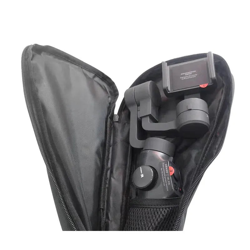 Black cloth storage bag for mobile phone stabilizer accessories.
