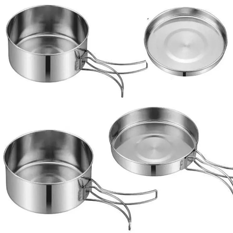Stainless steel outdoor camping cookware set showing four round silver pots designed for 2-3 people