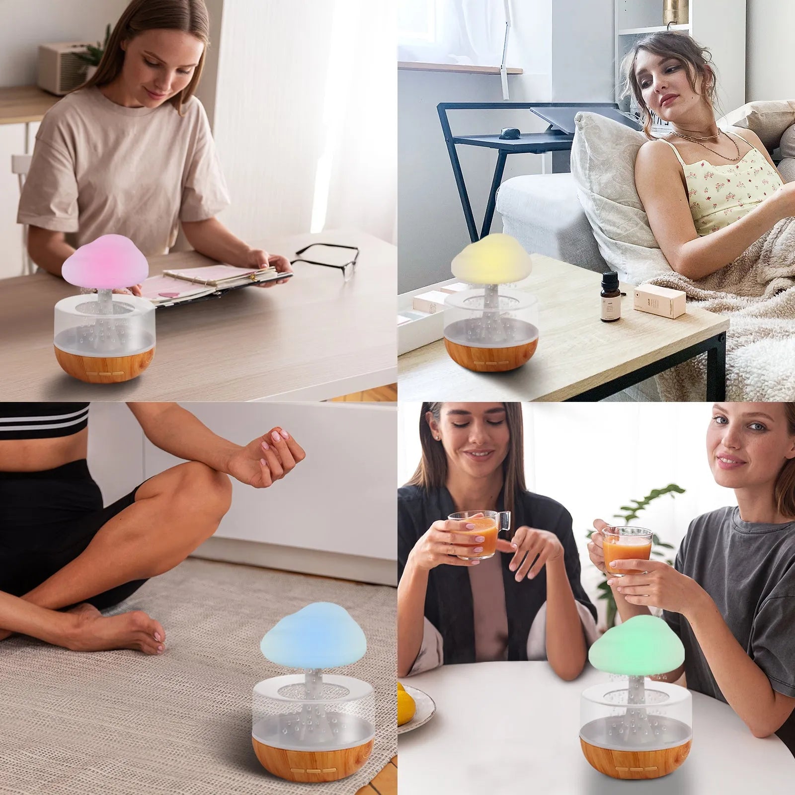 White cloud-shaped aromatherapy humidifier with colour-changing night light on a table.