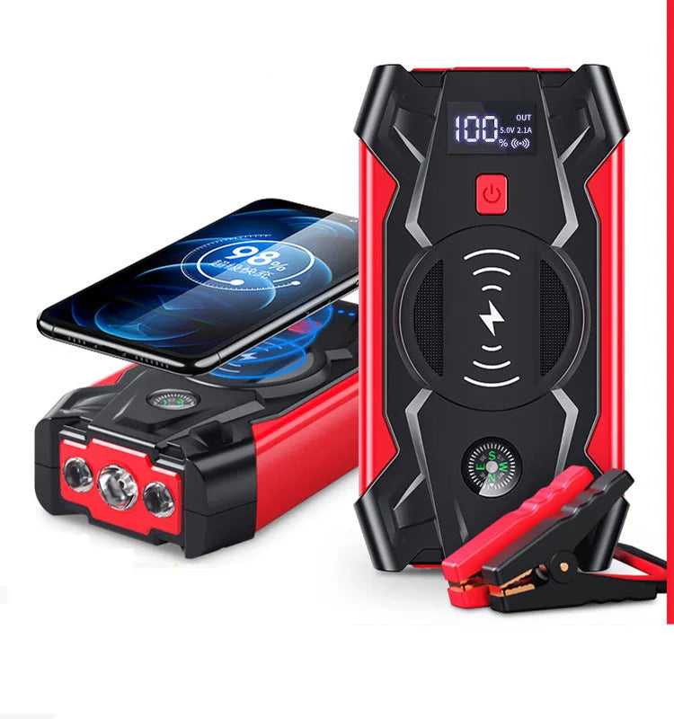 Red car jump starter power pack with digital display and thick battery clips