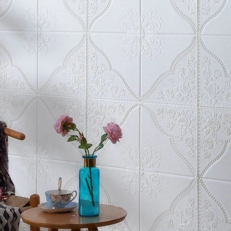 Light blue plants and flowers pattern on a large square self-adhesive foam wall sticker with a three-dimensional texture.