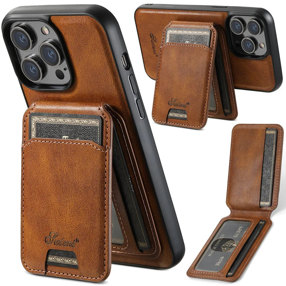 MagSafe-compatible silicone phone case with a magnetic card holder on the back in an oil wax pattern finish.