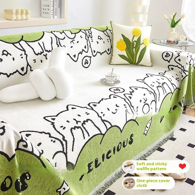 Thickened waffle sofa towel in cartoon anime Meow star paradise print, full covered one piece, 180 cm wide