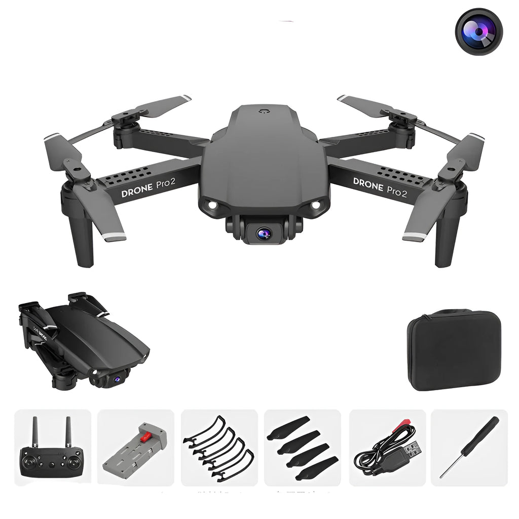E99Pro2 folding dual camera drone black with propellers on table