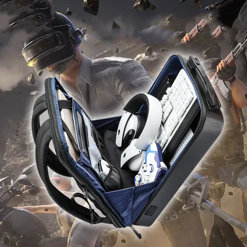 Men's large grey and black PC hard shell gaming backpack with double straps and a front lock.