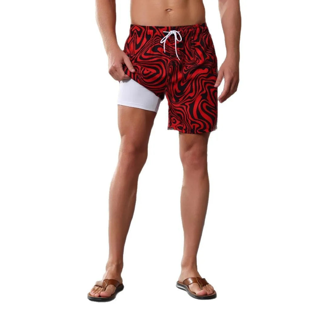 Men's quick-drying beach trousers with liner in camouflage pattern