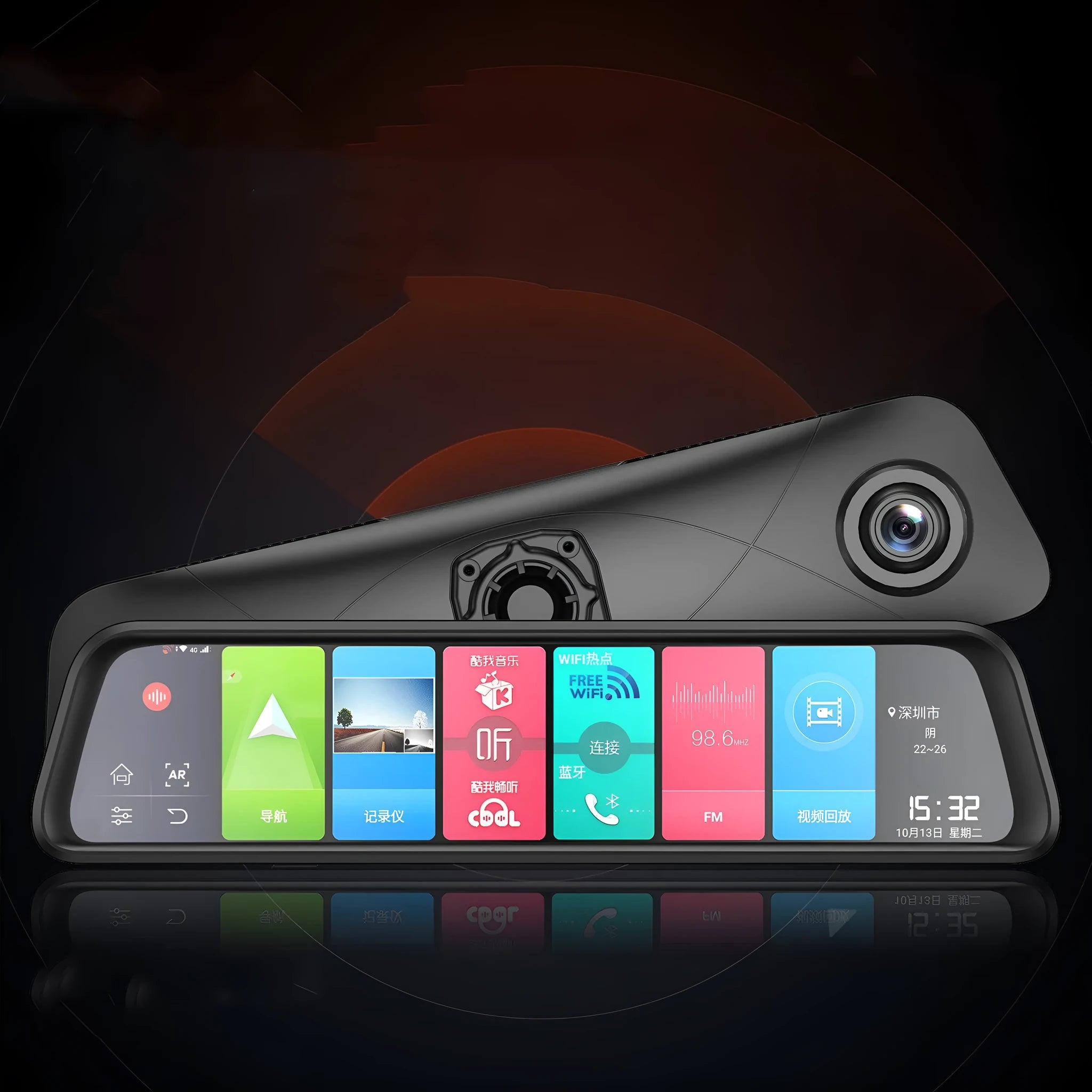 Black dashboard camera with touch screen display showing GPS navigation interface