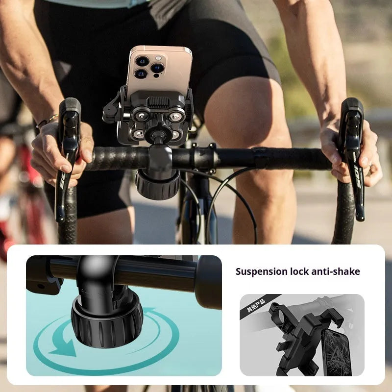 Black aluminium alloy shock absorber motorcycle phone bracket mounted on a handlebar.