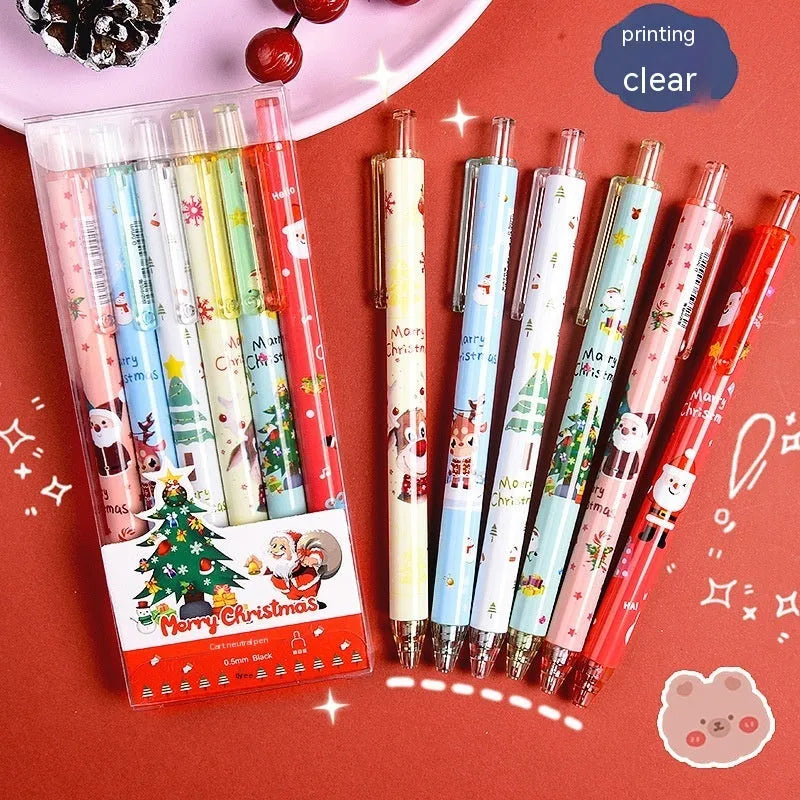 Six Christmas cartoon design plastic gel pens with press mechanisms and black refills