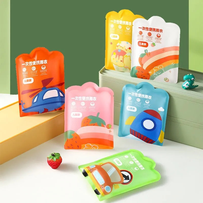 Disposable children's long rain poncho folded in small 13x9 cm bag with assorted colour options.