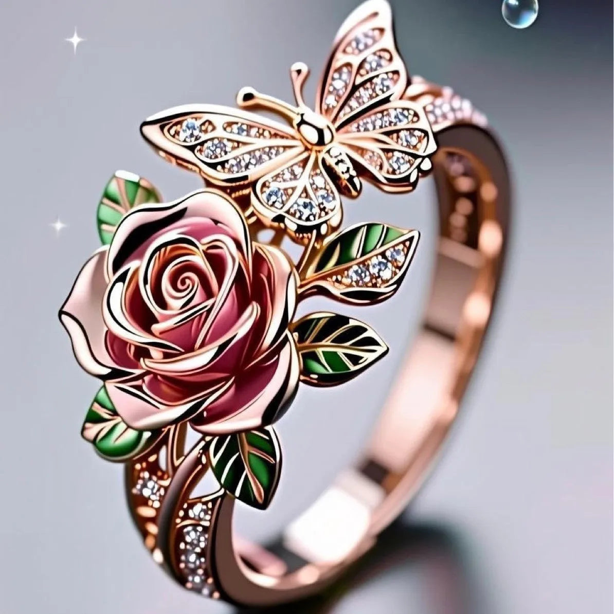 Adjustable oil-drop effect butterfly personality ring in fairy style with floral insect leaf motifs