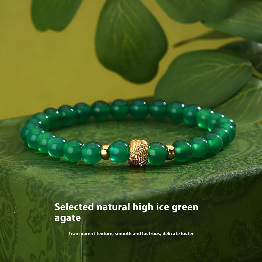 Green agate and S925 sterling silver bracelet with 6mm beads and yellow gold electroplated finish.